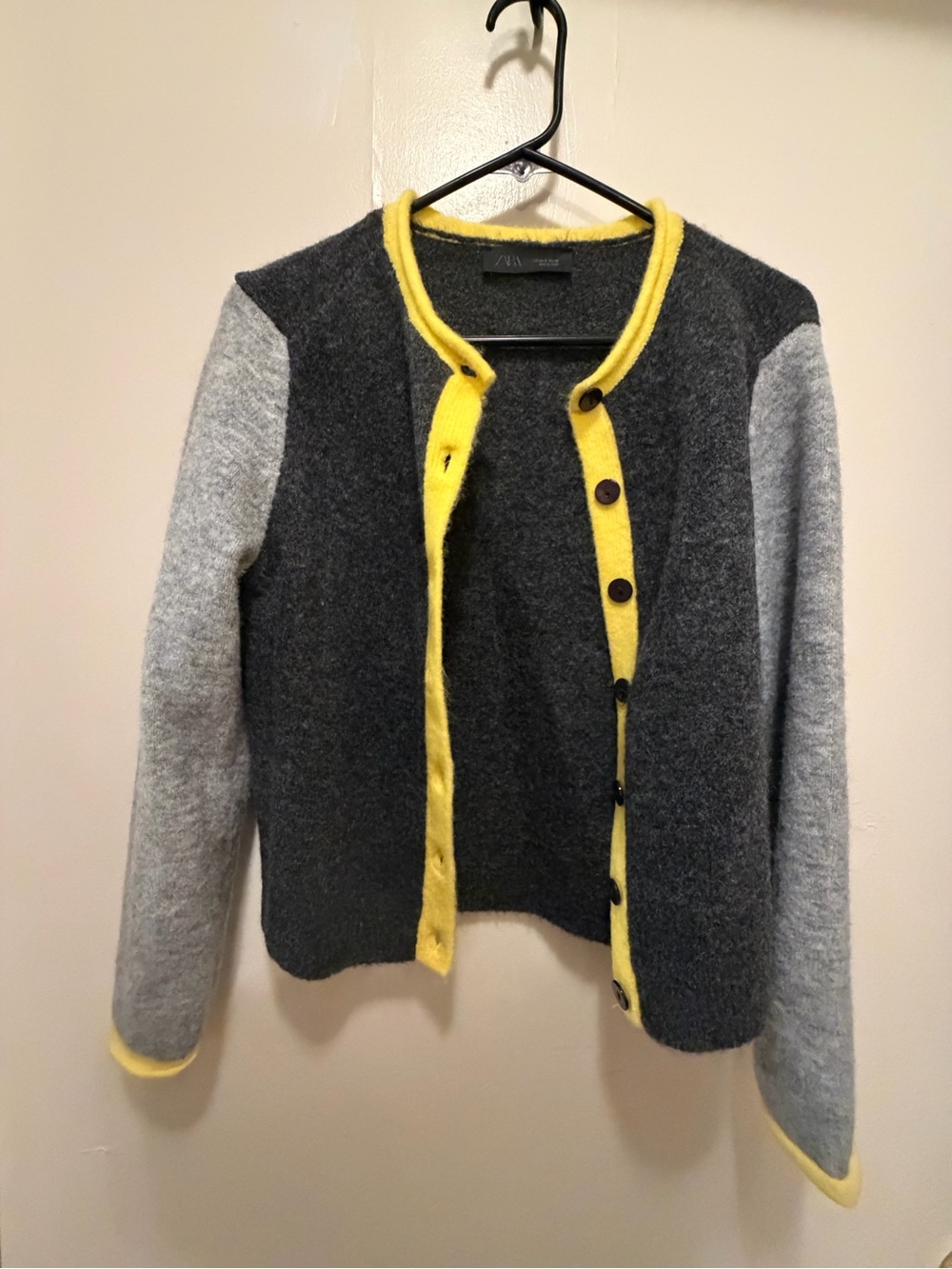Zara Colorblock Wool-Blend Cardigan Jacket in Charcoal, Light Gray & Yellow